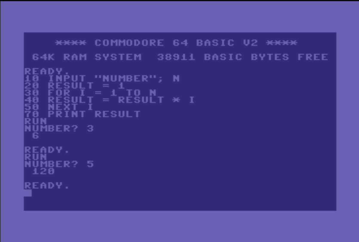 C64 BASIC factorial program